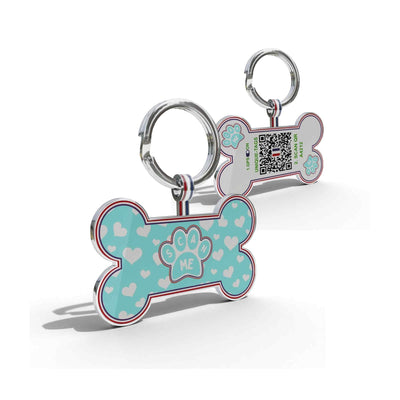 Premium Bone Shaped Aqua Paw on Hearts QR Tag