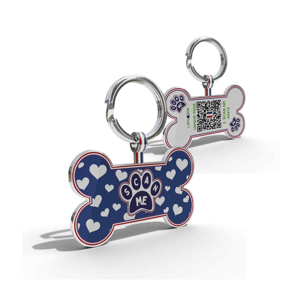 Premium Bone Shaped Navy Paw on Hearts QR Tag