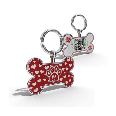 Premium Bone Shaped Red Paw on Hearts QR Tag