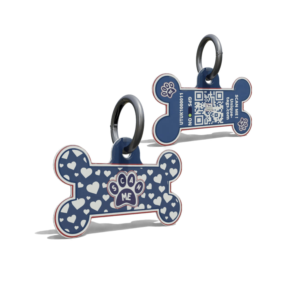 Navy Paw On Hearts Bone Shaped Epoxy QR Tag