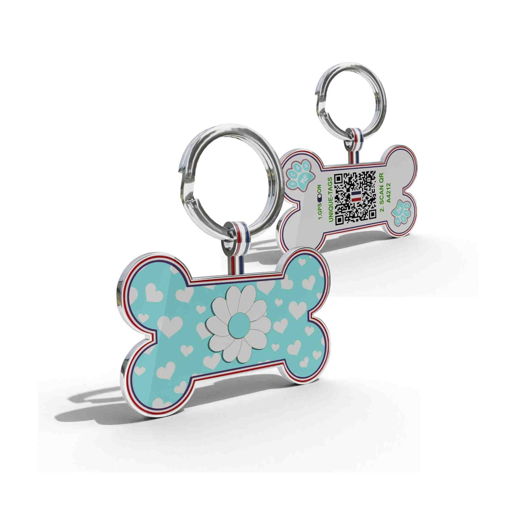 Premium Bone Shaped Aqua Daisy On Hearts QR Tag