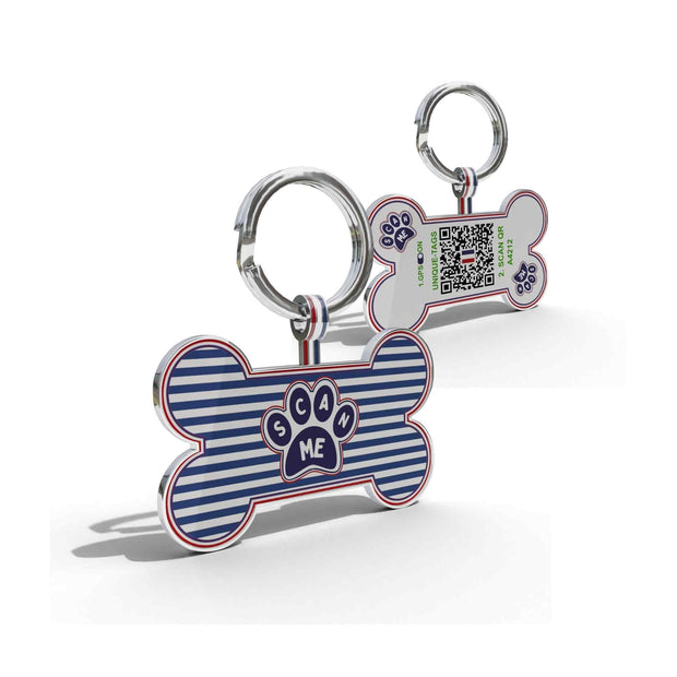 Premium Bone Shaped Blue Striped Paw QR Tag