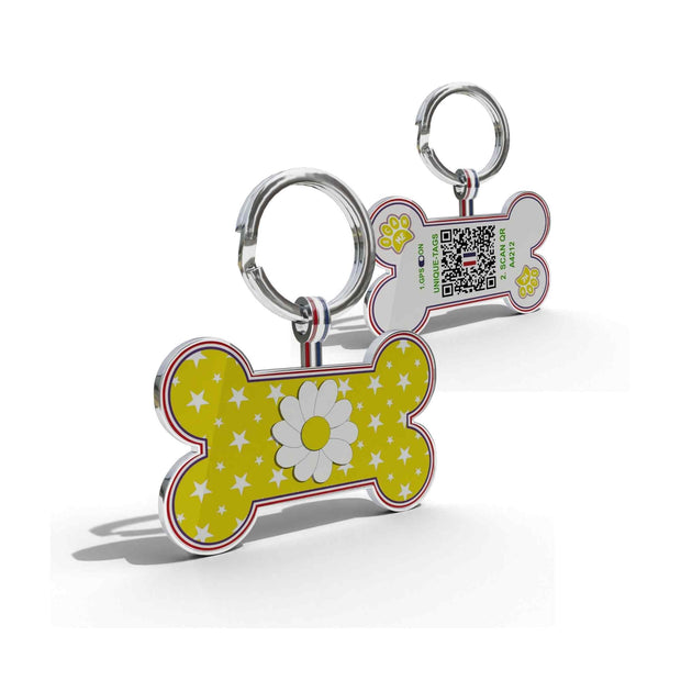 Premium Bone Shaped Yellow Daisy On Stars QR Tag