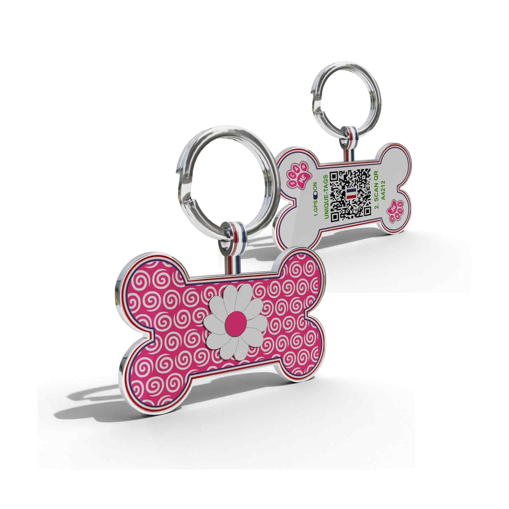 Premium Bone Shaped Dark Pink Daisy On Swirls QR Tag