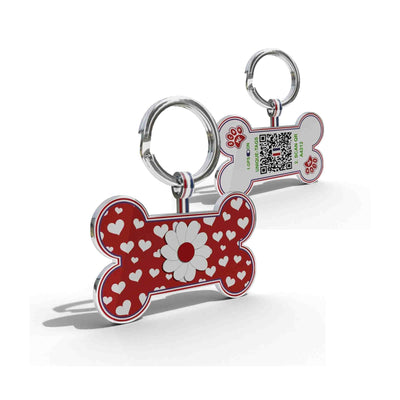 Premium Bone Shaped Red Daisy On Hearts QR Tag