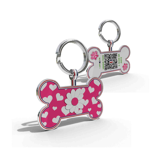 Premium Bone Shaped Dark Pink Daisy On Hearts QR Tag