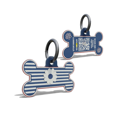 Navy Daisy On Stripe Bone Shaped Epoxy QR Tag