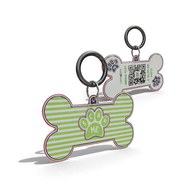 Green Paw On Stripe Epoxy Bone Shaped QR Tag