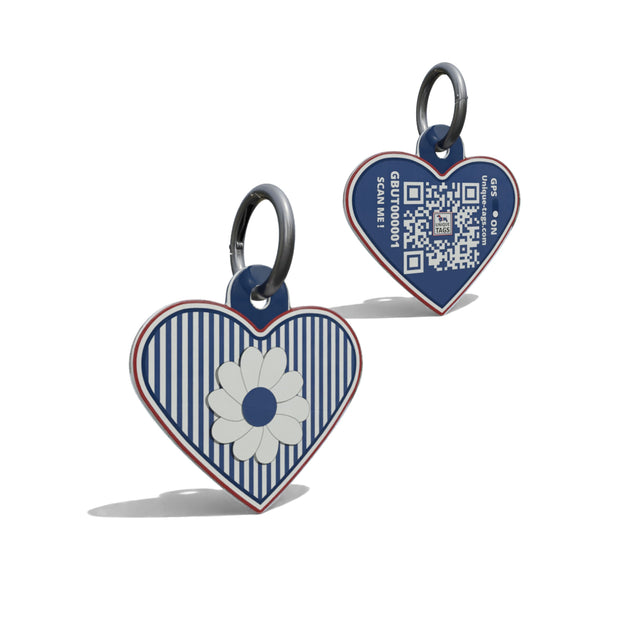 Navy Daisy On Stripes Heart Shaped Epoxy QR Tag