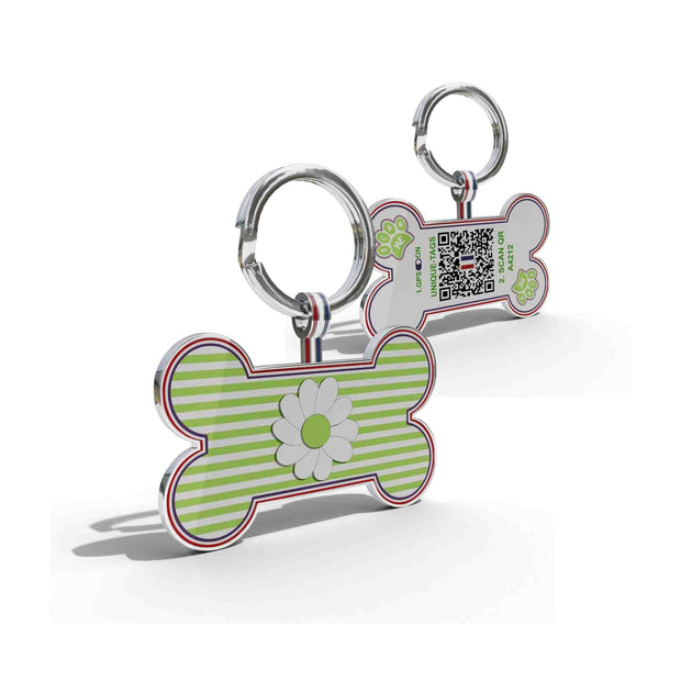 Premium Bone Shaped Green Striped Daisy QR Tag