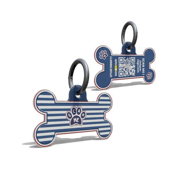 Navy Paw On Stripe Epoxy Bone Shaped QR Tag