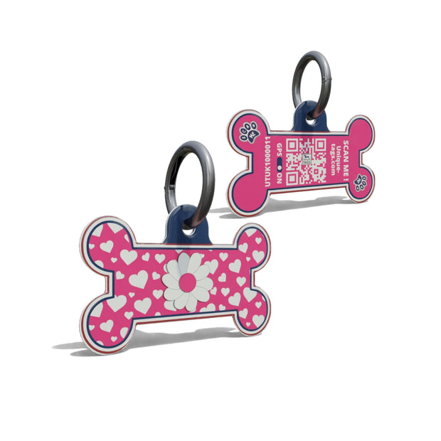 Dark Pink Daisy On Hearts Bone Shaped Epoxy QR Tag