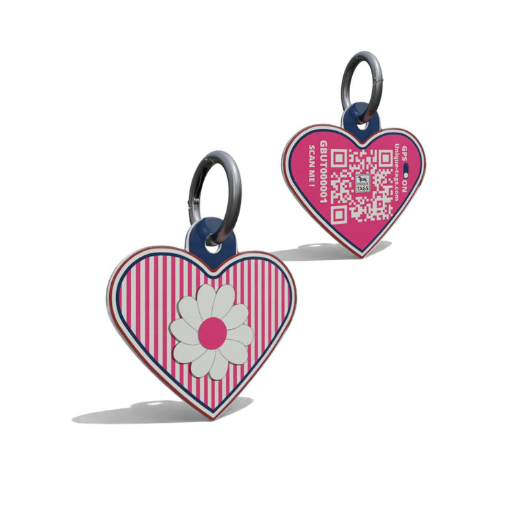 Dark Pink Daisy On Stripes Heart Shaped Epoxy QR Tag