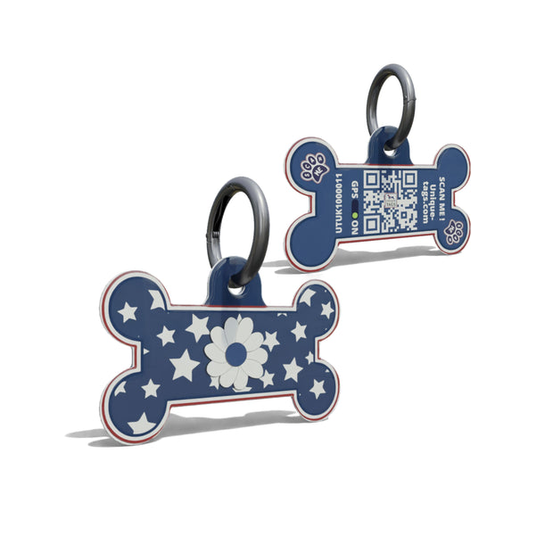 Navy Daisy On Stars Bone Shaped Epoxy QR Tag