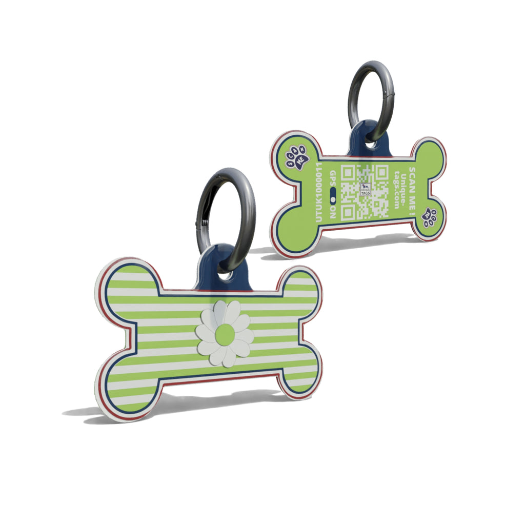 Green Daisy On Stripe Bone Shaped Epoxy QR Tag