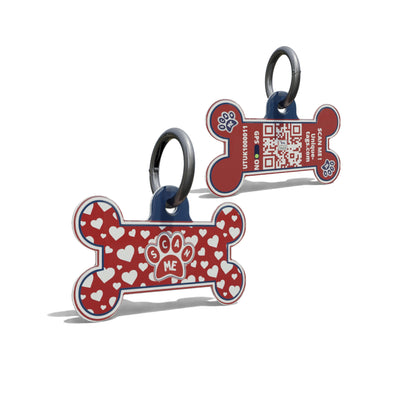 Red Paw On Hearts Bone Shaped Epoxy QR Tag