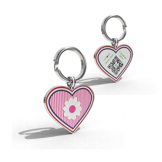 Premium Heart Shaped Dark Pink Daisy On Stripe QR Tag